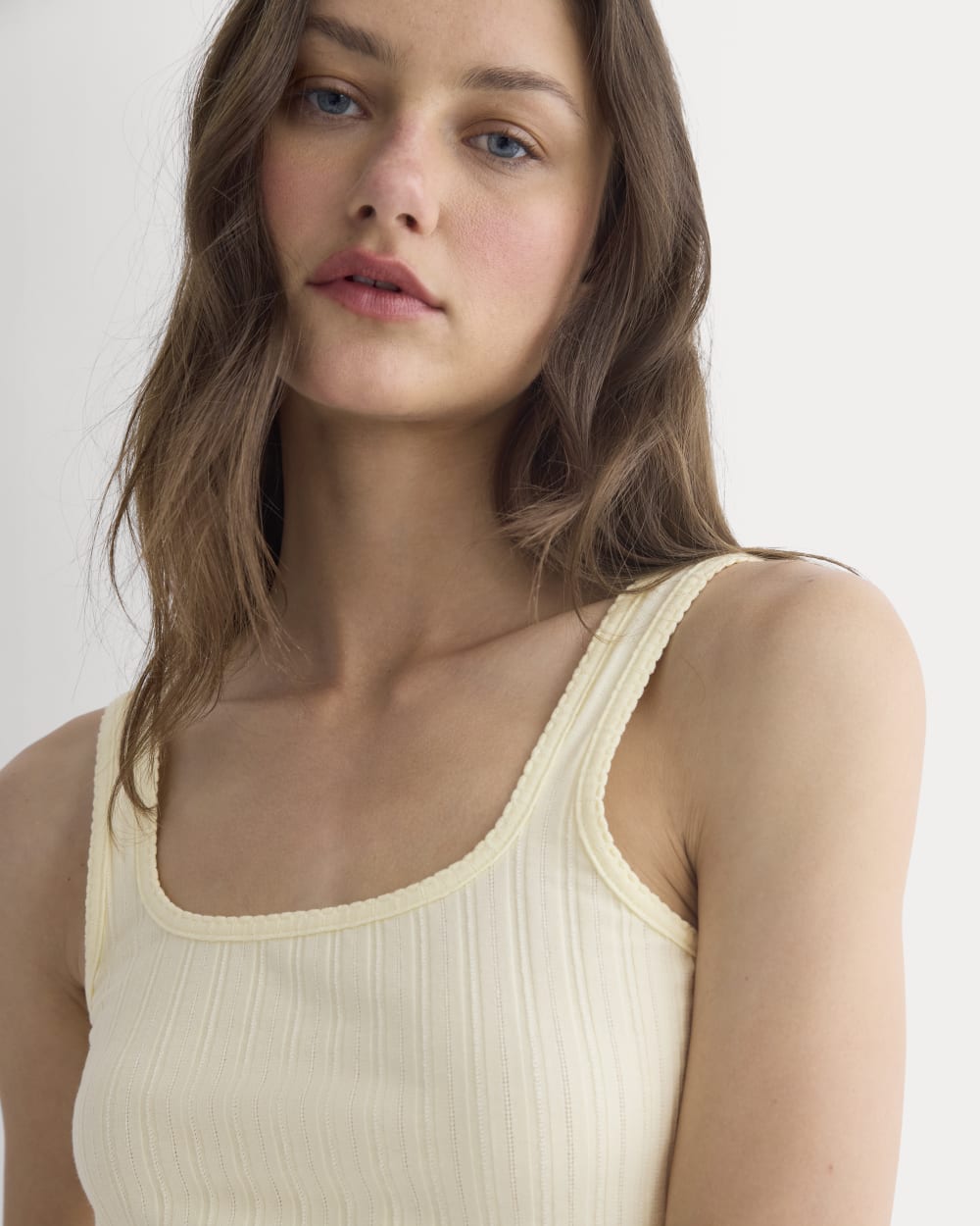 Scoop-Neck Tank in Pointelle in Lemon Icing — detail view