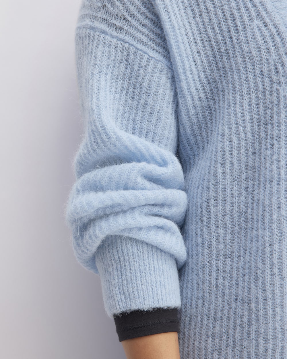 The Alpaca Oversized Cardigan in Chambray Blue — detail view