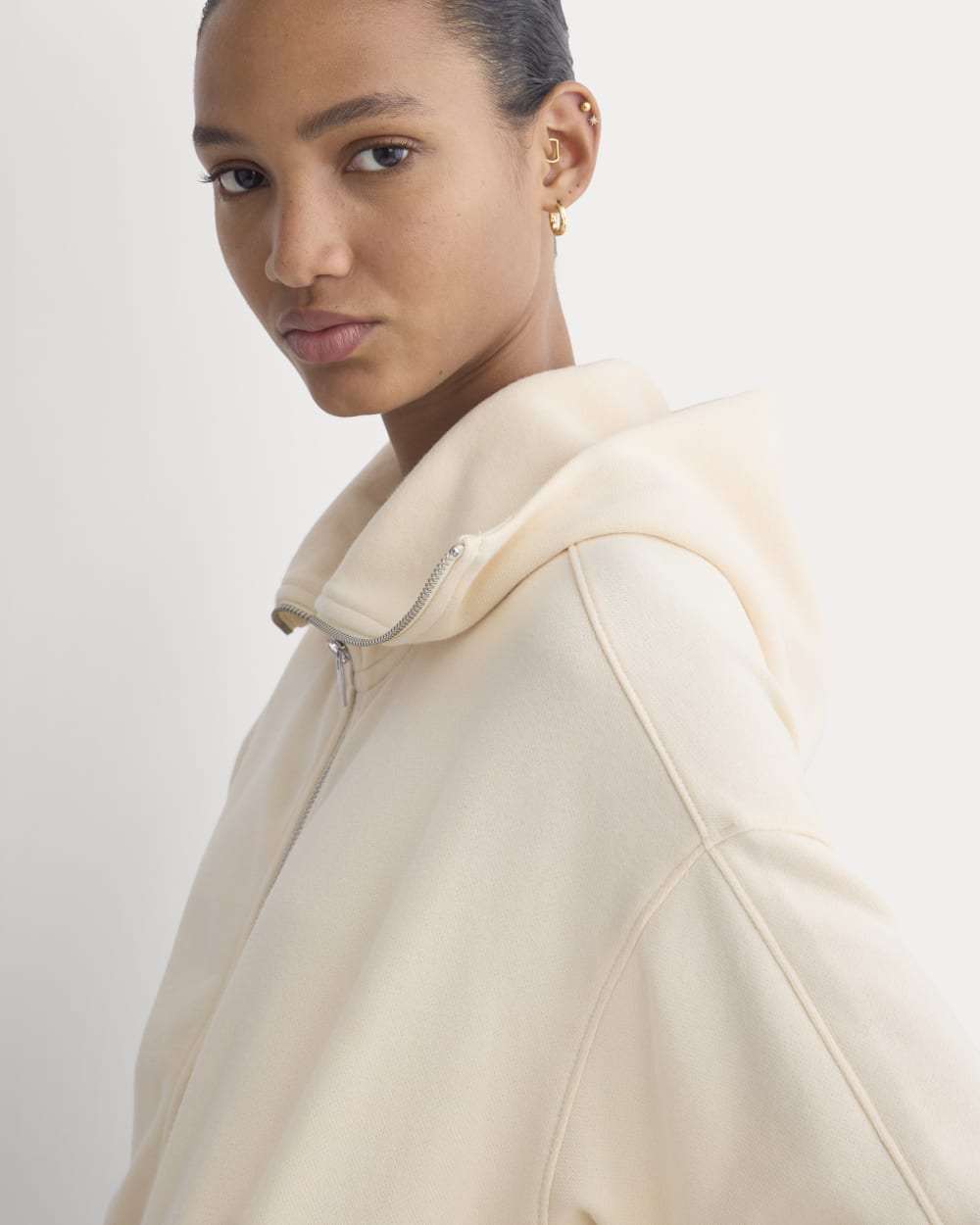 Lightweight Terry Cropped Full-Zip in Parchment — detail view