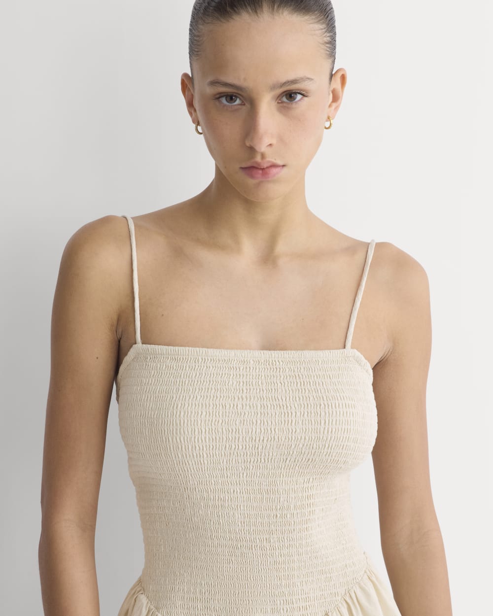 Gauze Smocked Mini Dress in Birch — detail view