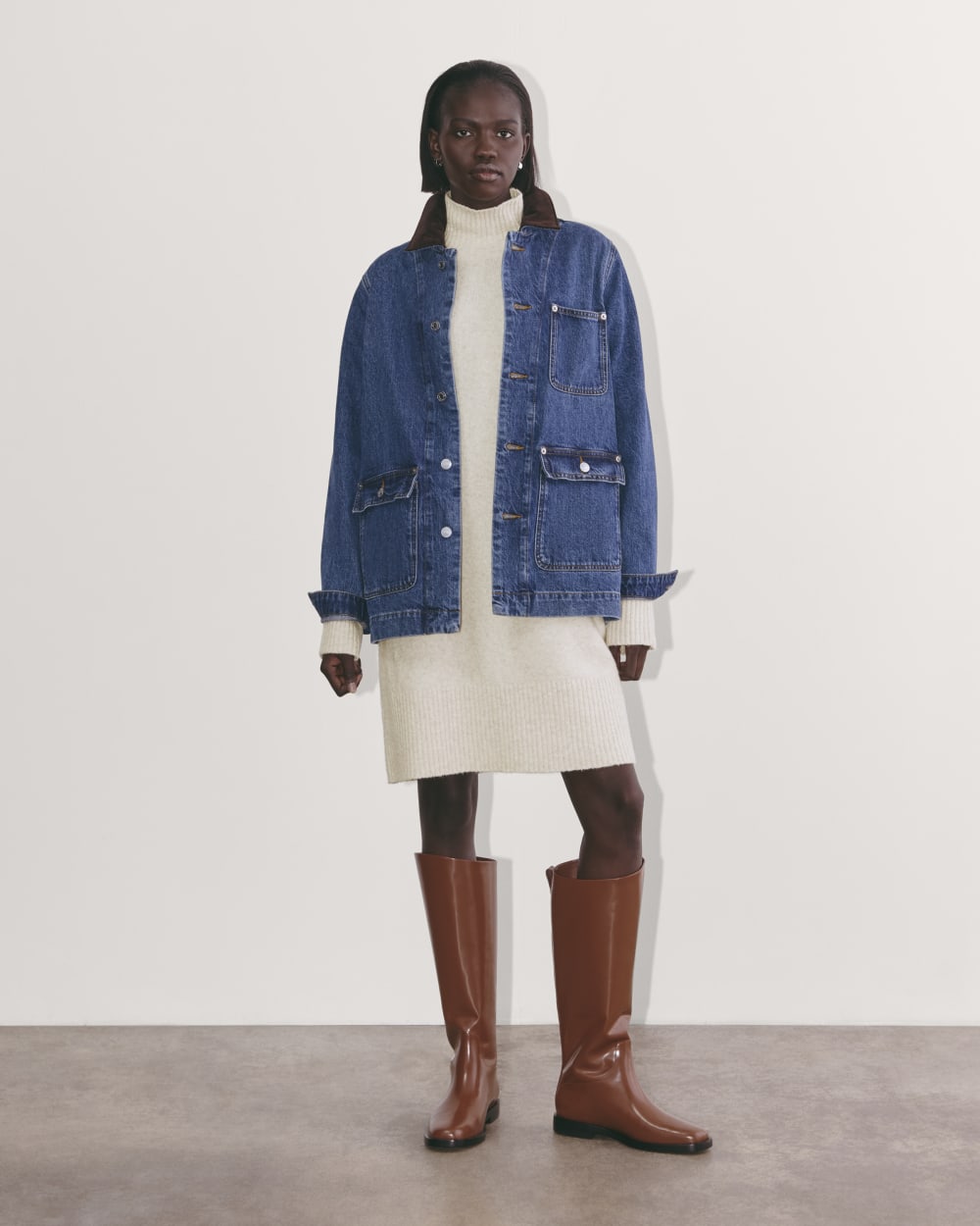 The Sweater Dress in Plush Cotton in Heathered Oat — detail view
