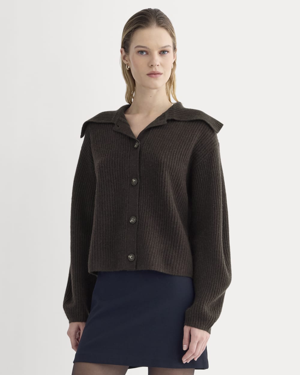Fisherman Cardigan in Wool Cashmere in Americano Brown — front view