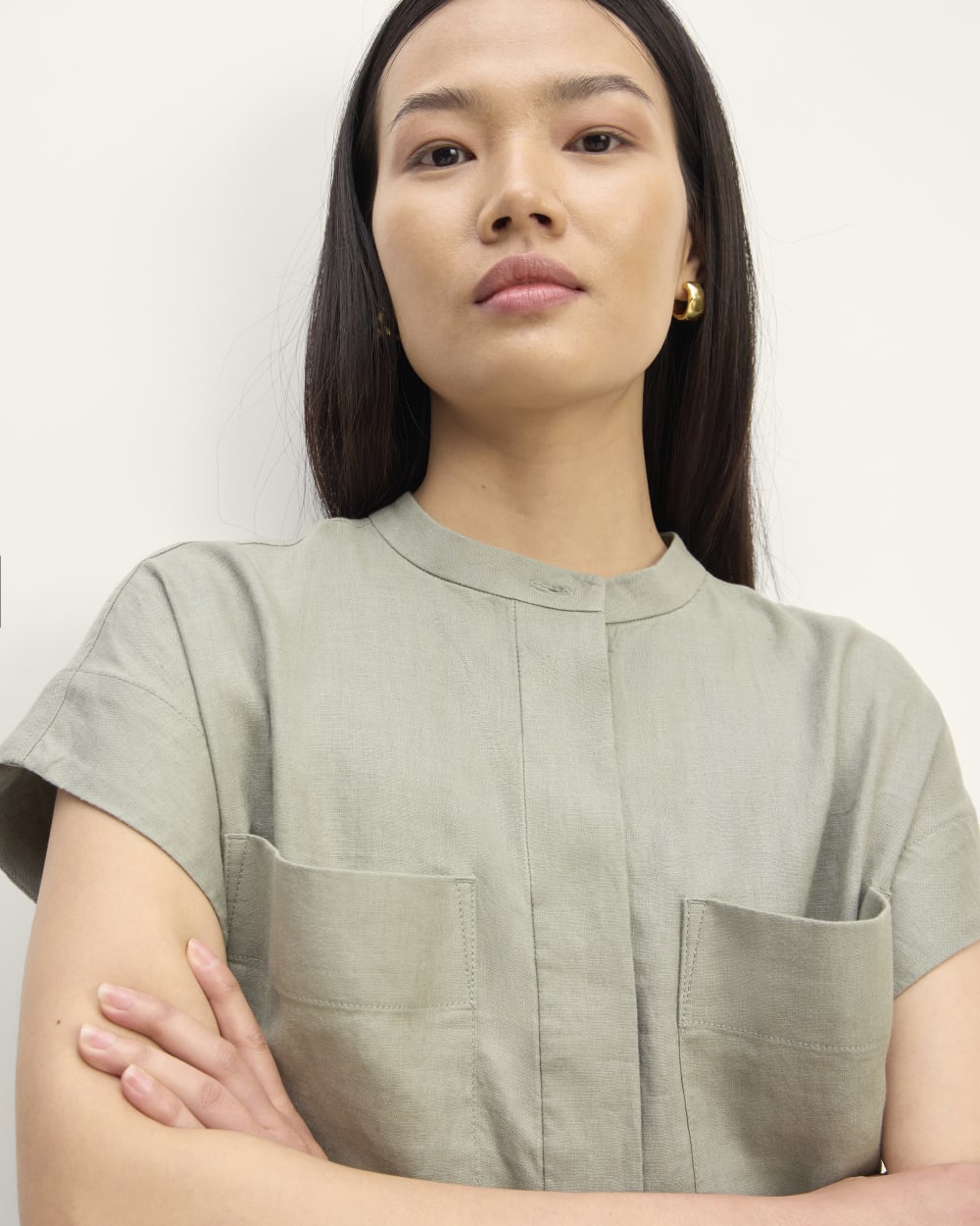 The Craft Dress in Linen in Sage Green — detail view