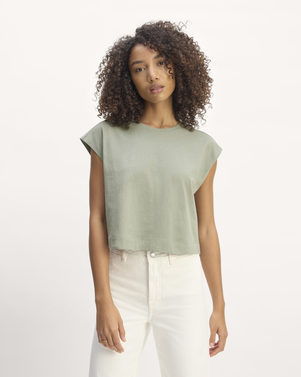 The Muscle Cropped Tee in Essential Cotton in Sage Green — front view