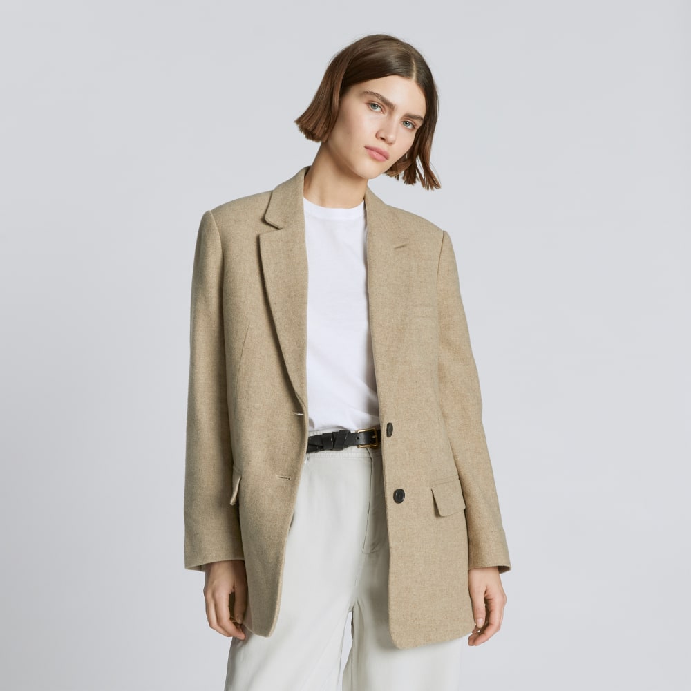 The Oversized Blazer in Wool in Toasted Tan — front view