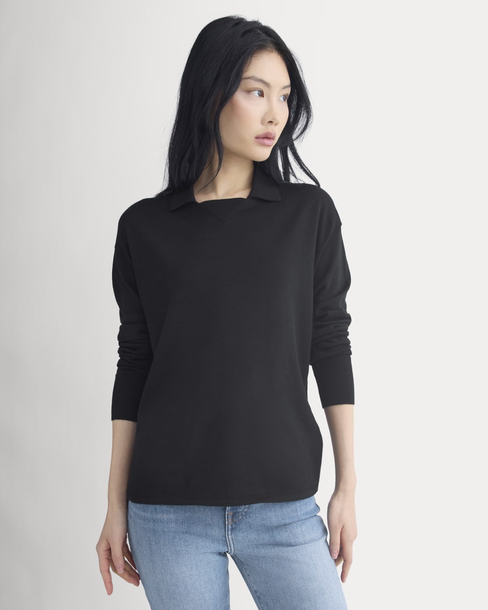 Oversized Polo in Ultrafine Merino in Black — front view