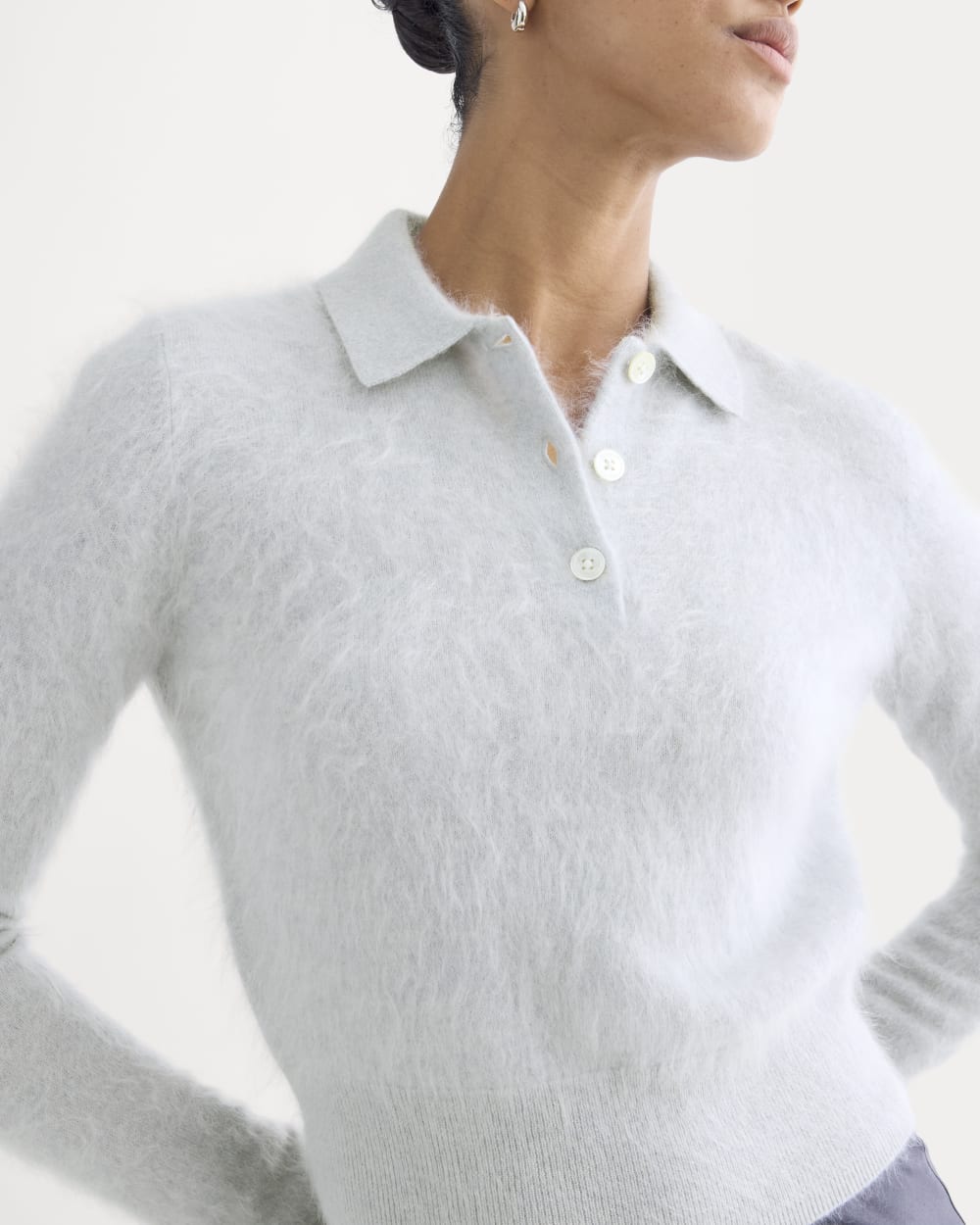 Lush Cashmere Cropped Polo Sweater in Sanderling Gray — detail view