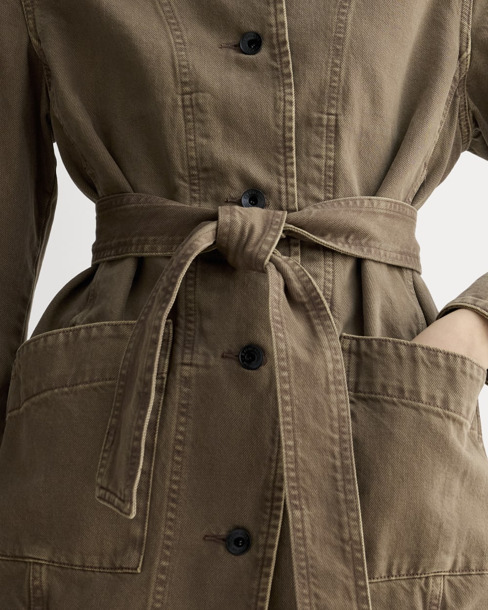 The Long Denim Barrel Jacket in Garment-Dyed Chocolate — detail view