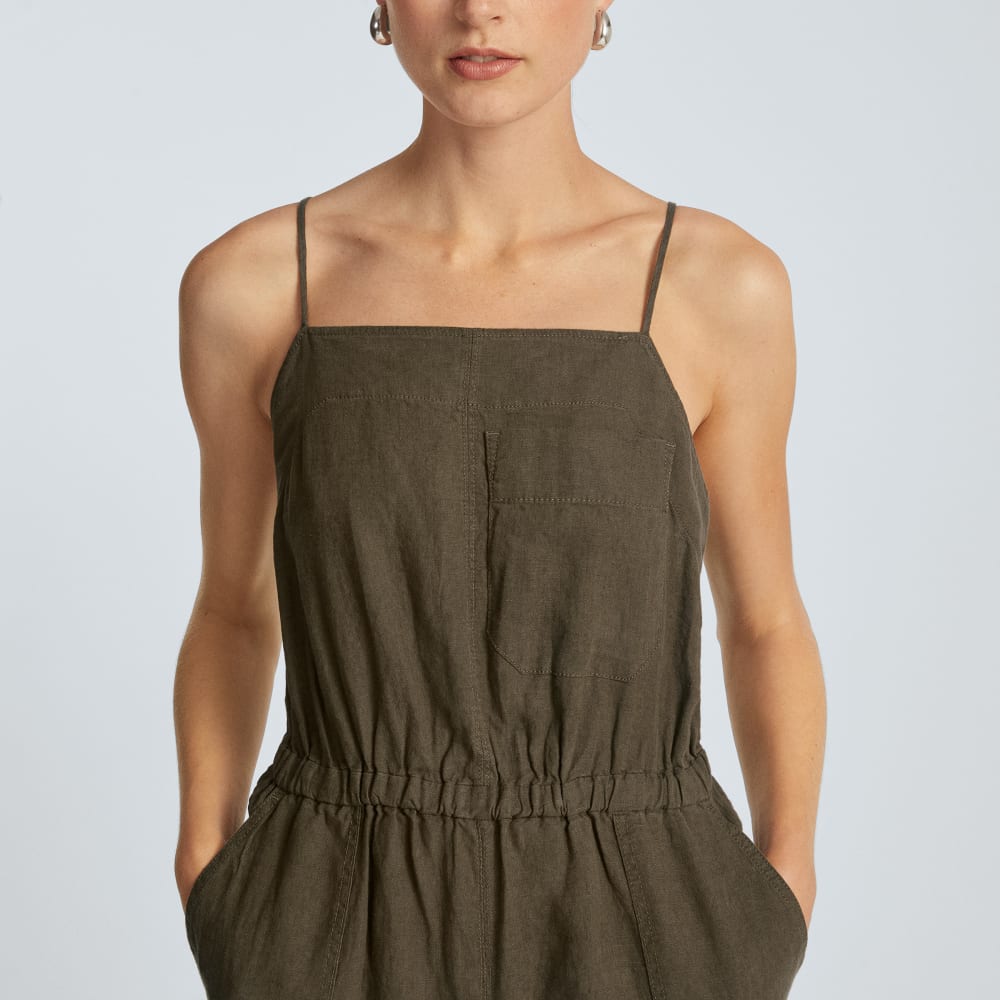 The Linen Shoestring Jumpsuit in Beech — detail view