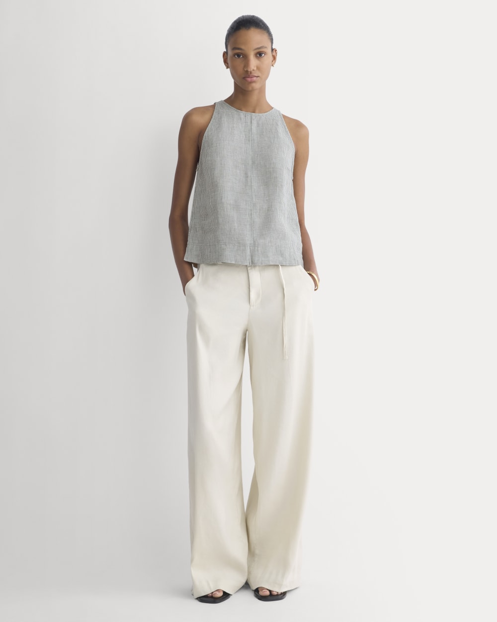 The Linen High-Neck Tank in Agave Green — detail view