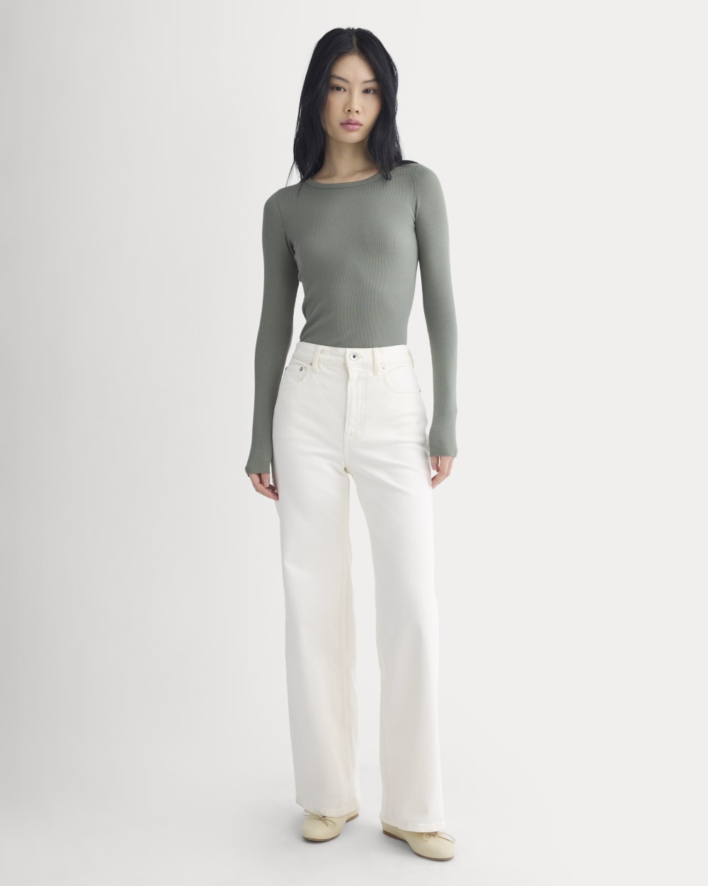 The Luxe Rib Long-Sleeve Crew in Agave Green — detail view