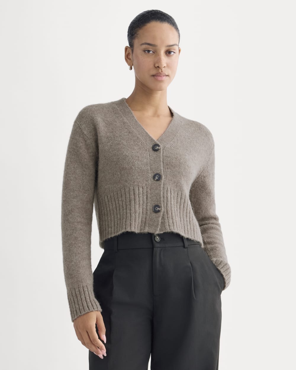 High V Cropped Cardigan in Alpaca in Taupe Melange — detail view