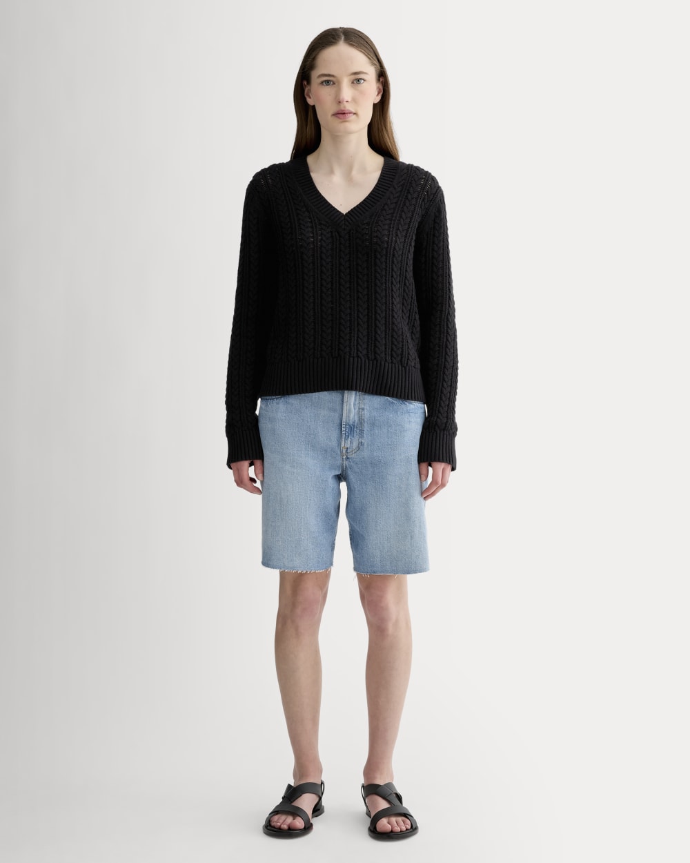 The Mesh Cable V-Neck in Everyday Cotton in Black — detail view
