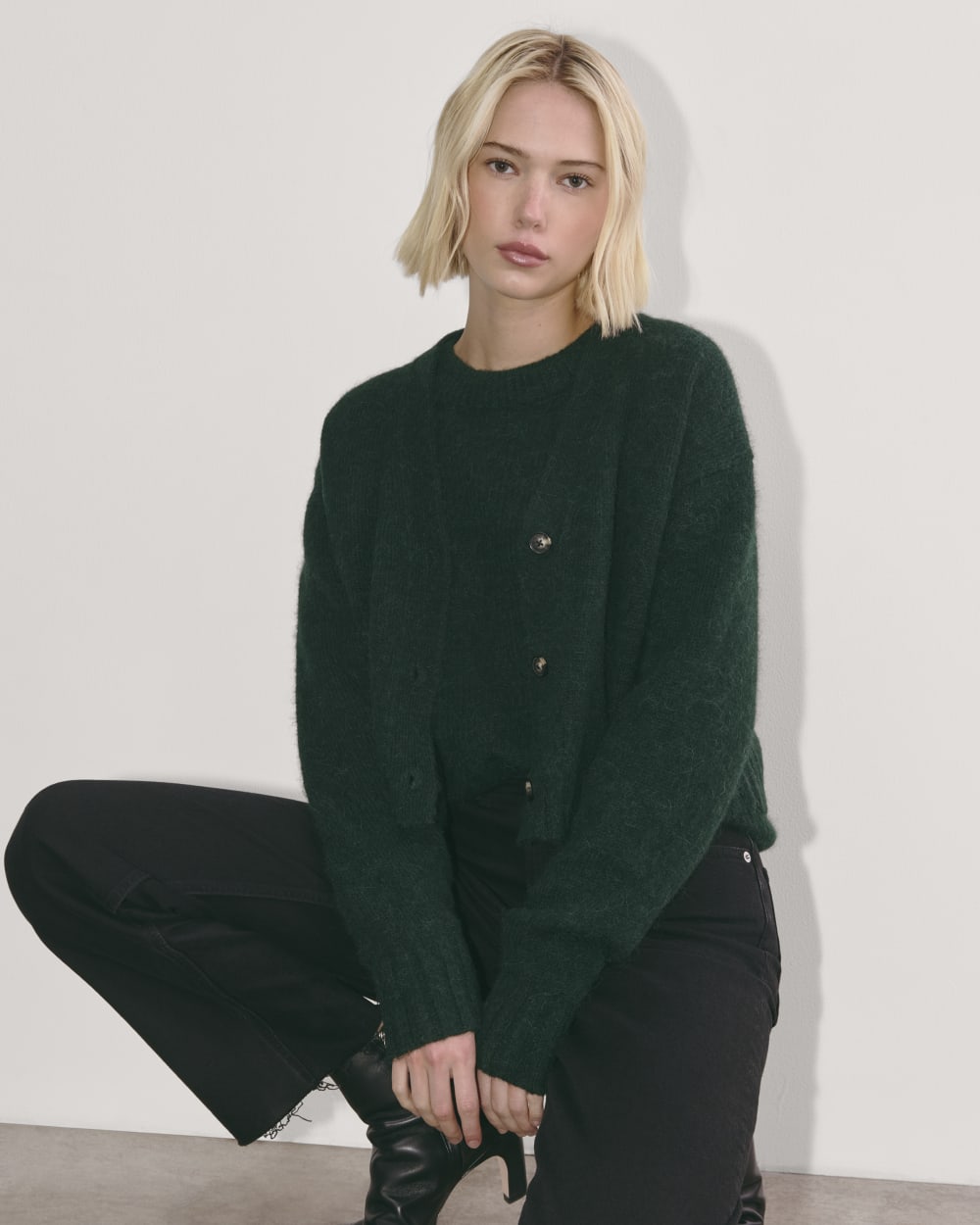 The Boxy Cardigan in Alpaca in Scarab — detail view