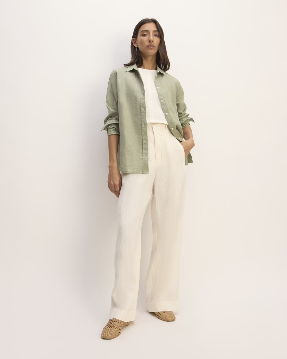 The Must-Have Shirt in Linen in Sage Green — detail view