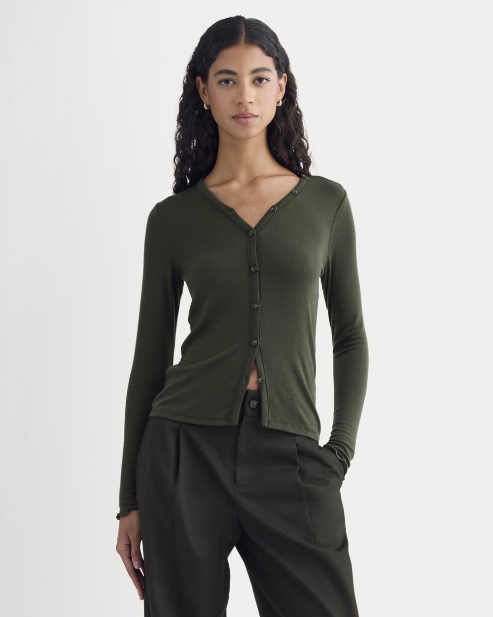 Sheer V-Neck Cardigan in Butterluxe in Dark Green — front view