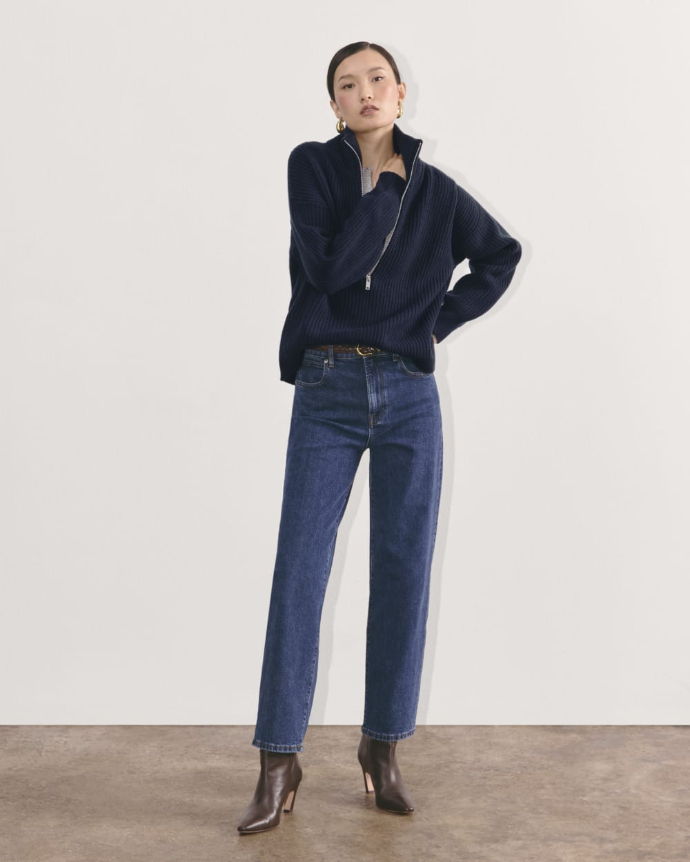 The Half-Zip Sweater in Luxe Merino in Navy — detail view