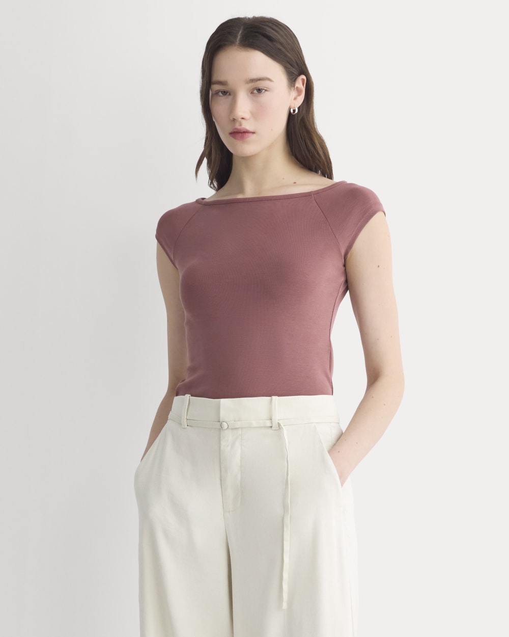 Boatneck Cap-Sleeve Top in Butterknit in Henna Red — front view
