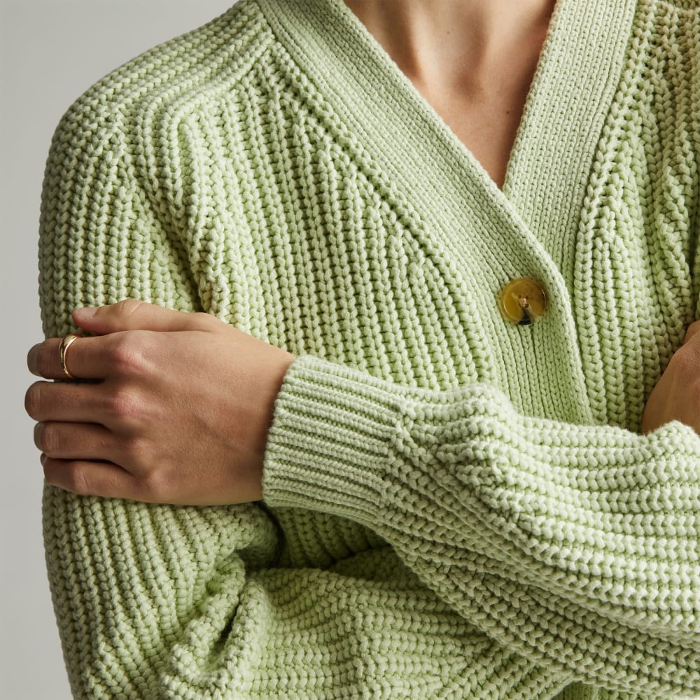 The Texture Cotton Cardigan in Seafoam Green — detail view