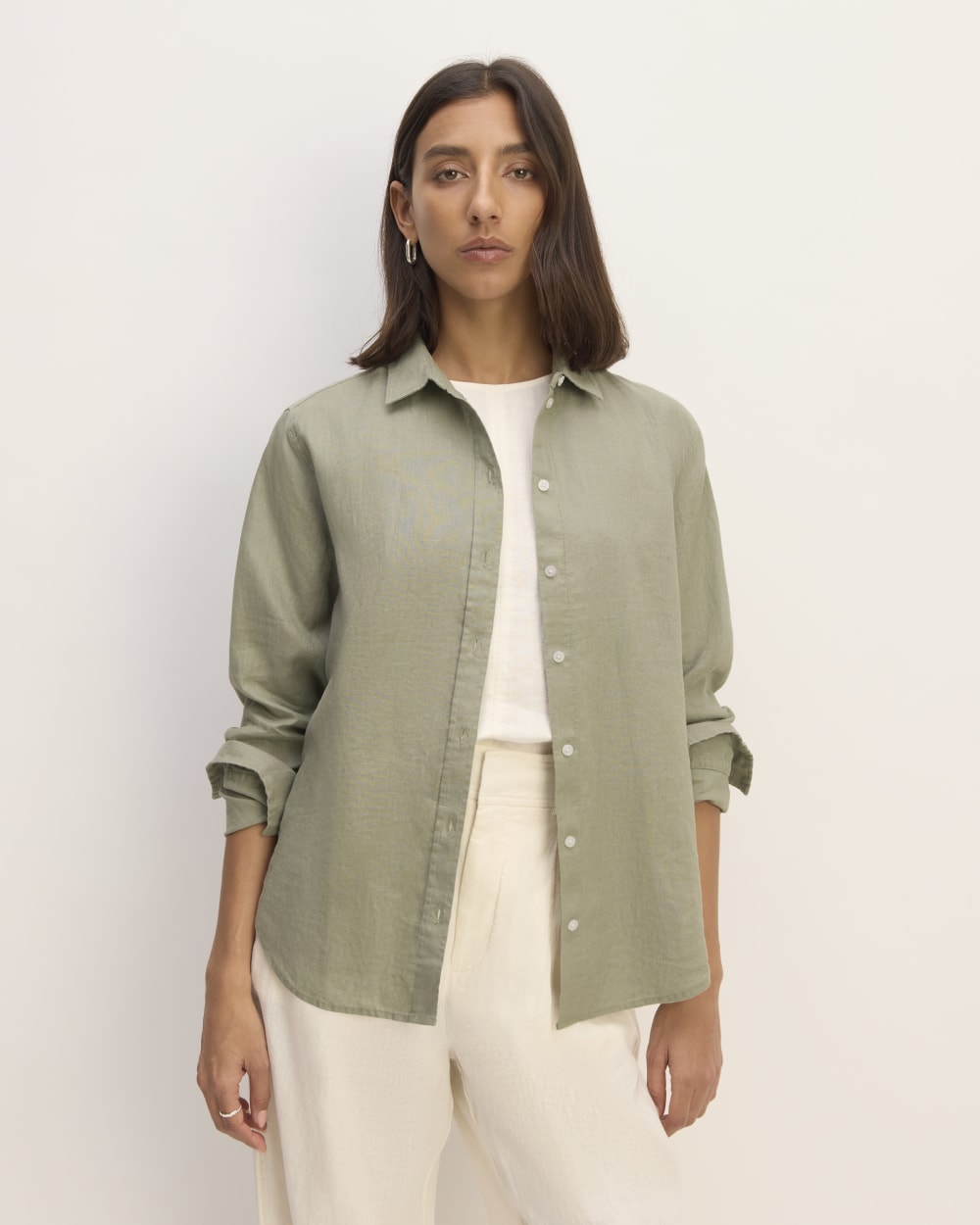 The Must-Have Shirt in Linen in Sage Green — front view