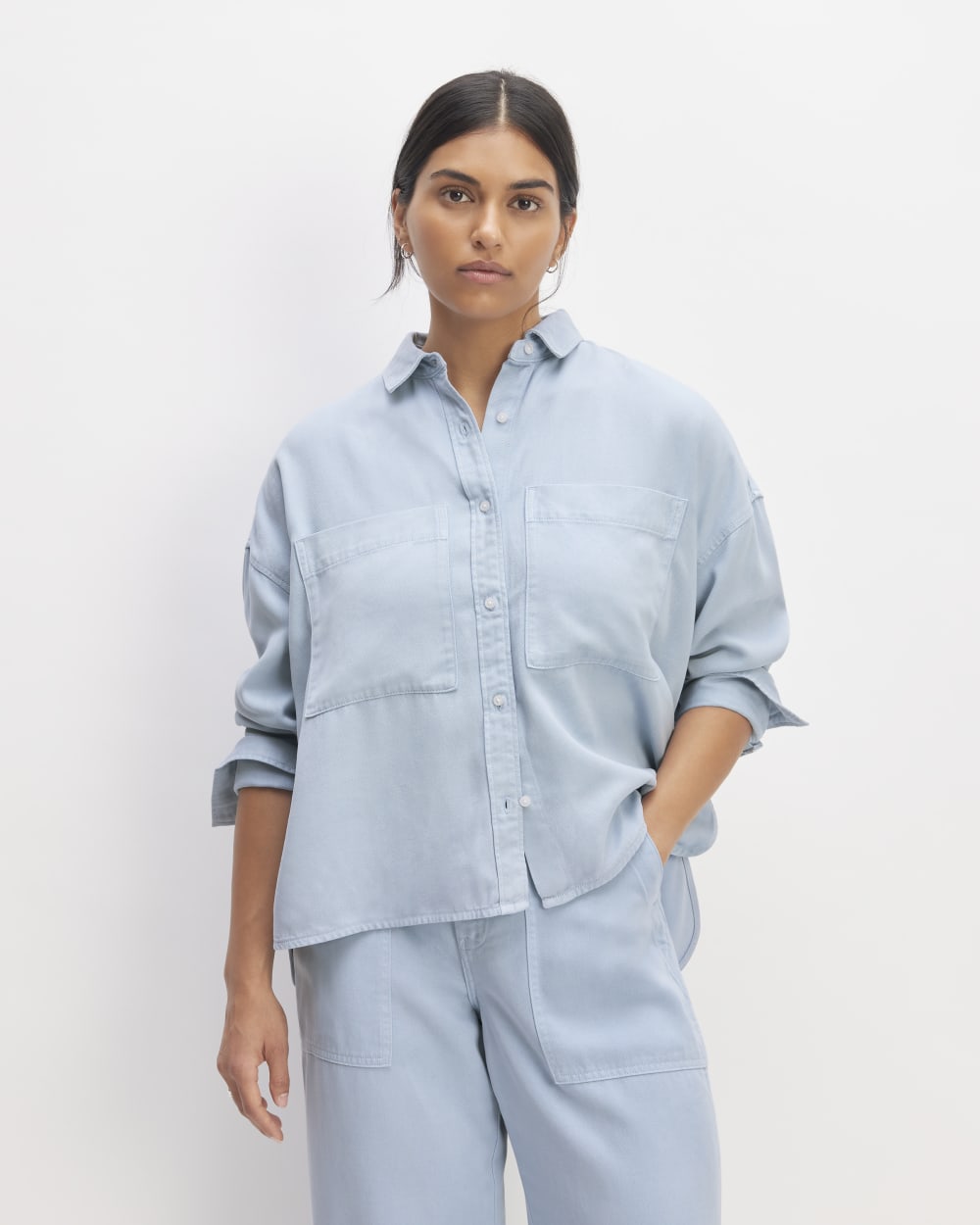 The Boxy Overshirt in Buttersoft in Chambray Blue — front view