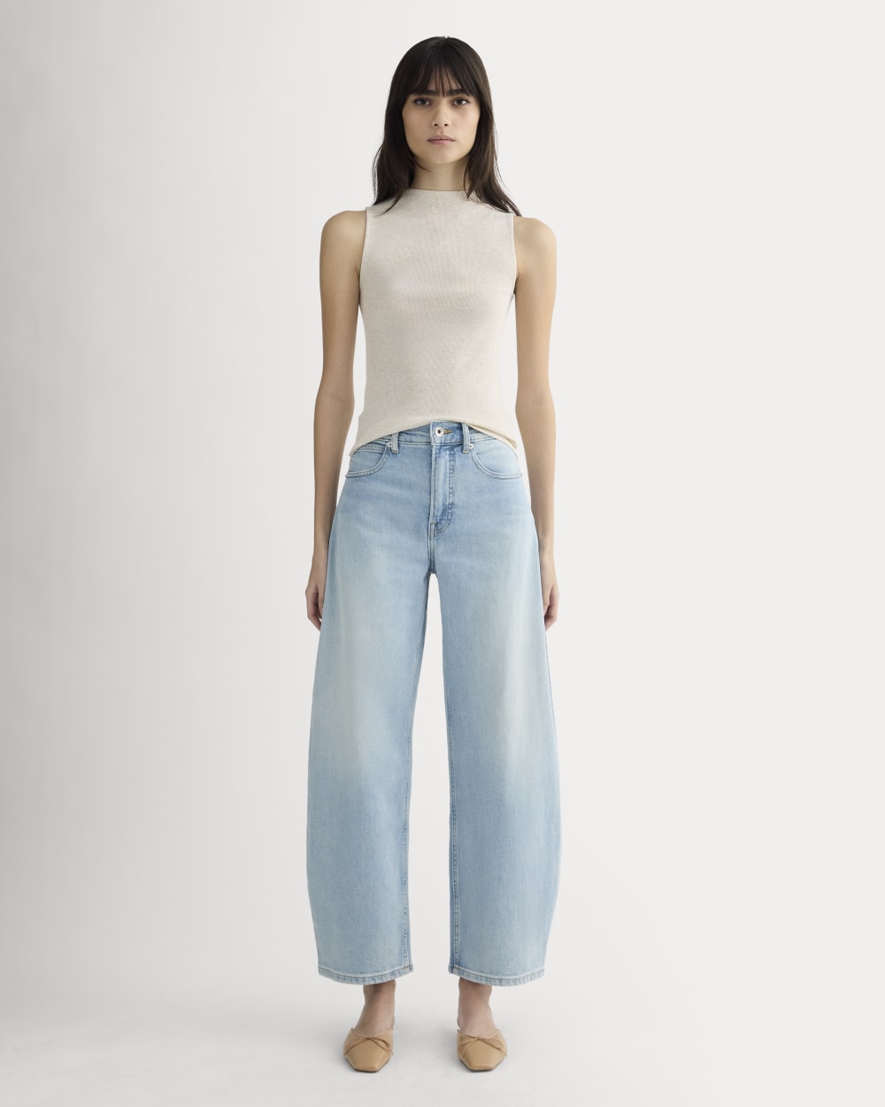 The Luxe Rib Funnel-Neck Tank in Heathered Oat — detail view