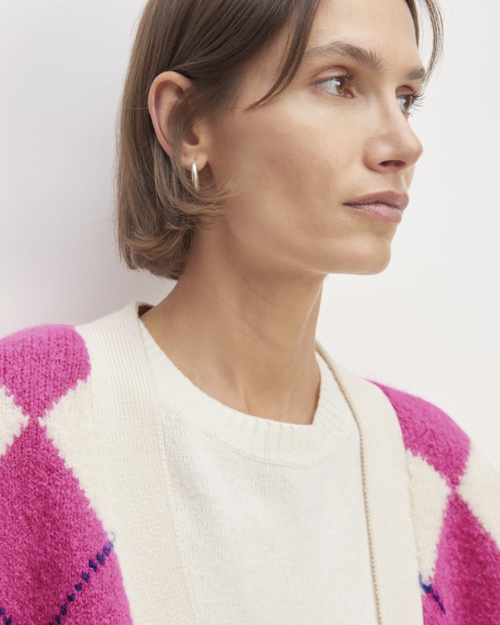 The SuperFuzz Alpaca Cardigan in Bone / Fuchsia Pink / Ocean Cavern — detail view