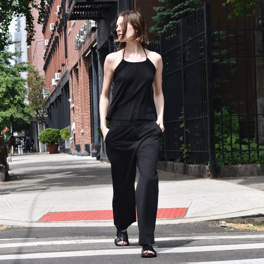 The Rib Soft Knit Halter Top in Black — detail view