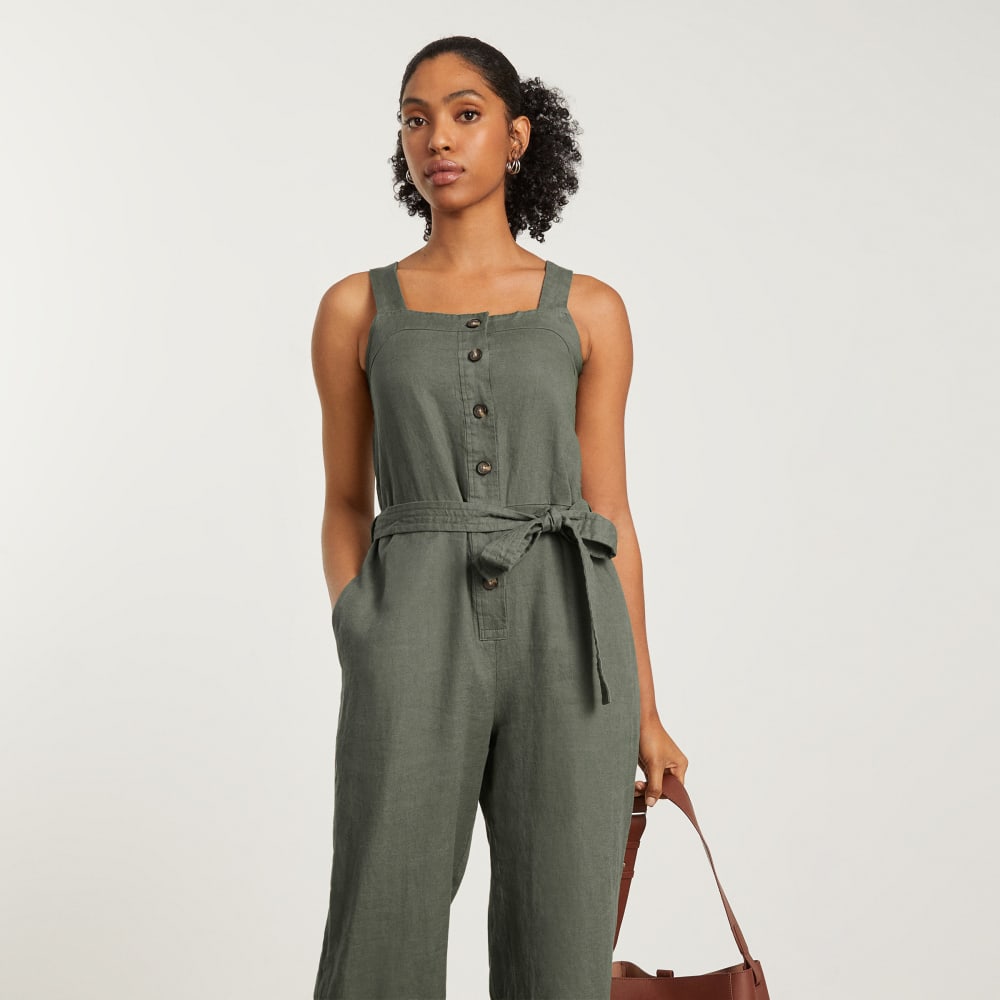 The Linen Jumpsuit in Pewter Green — detail view
