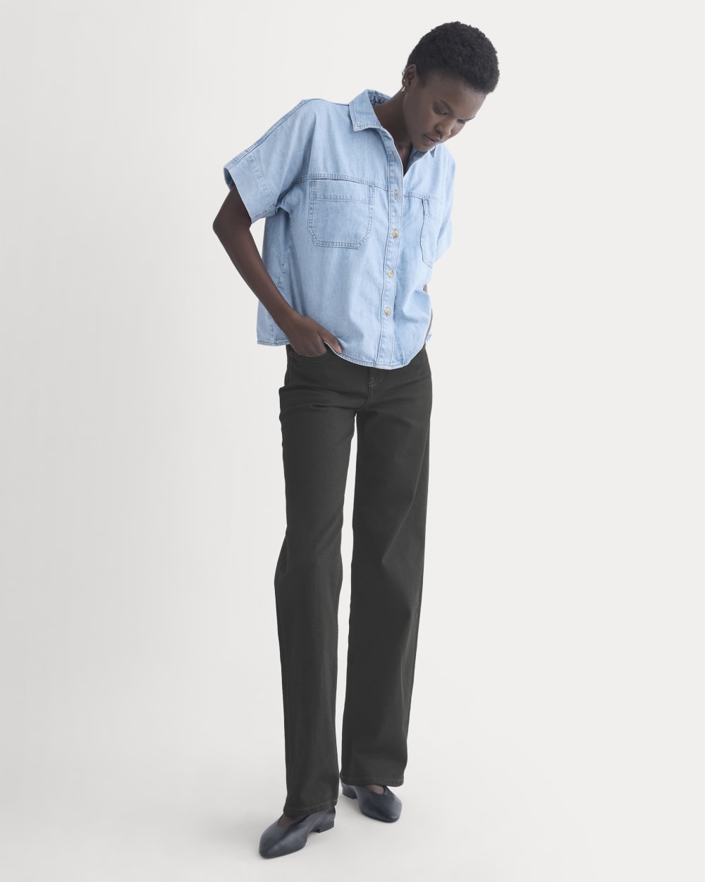 Cropped Boxy Denim Shirt in Light Indigo — detail view