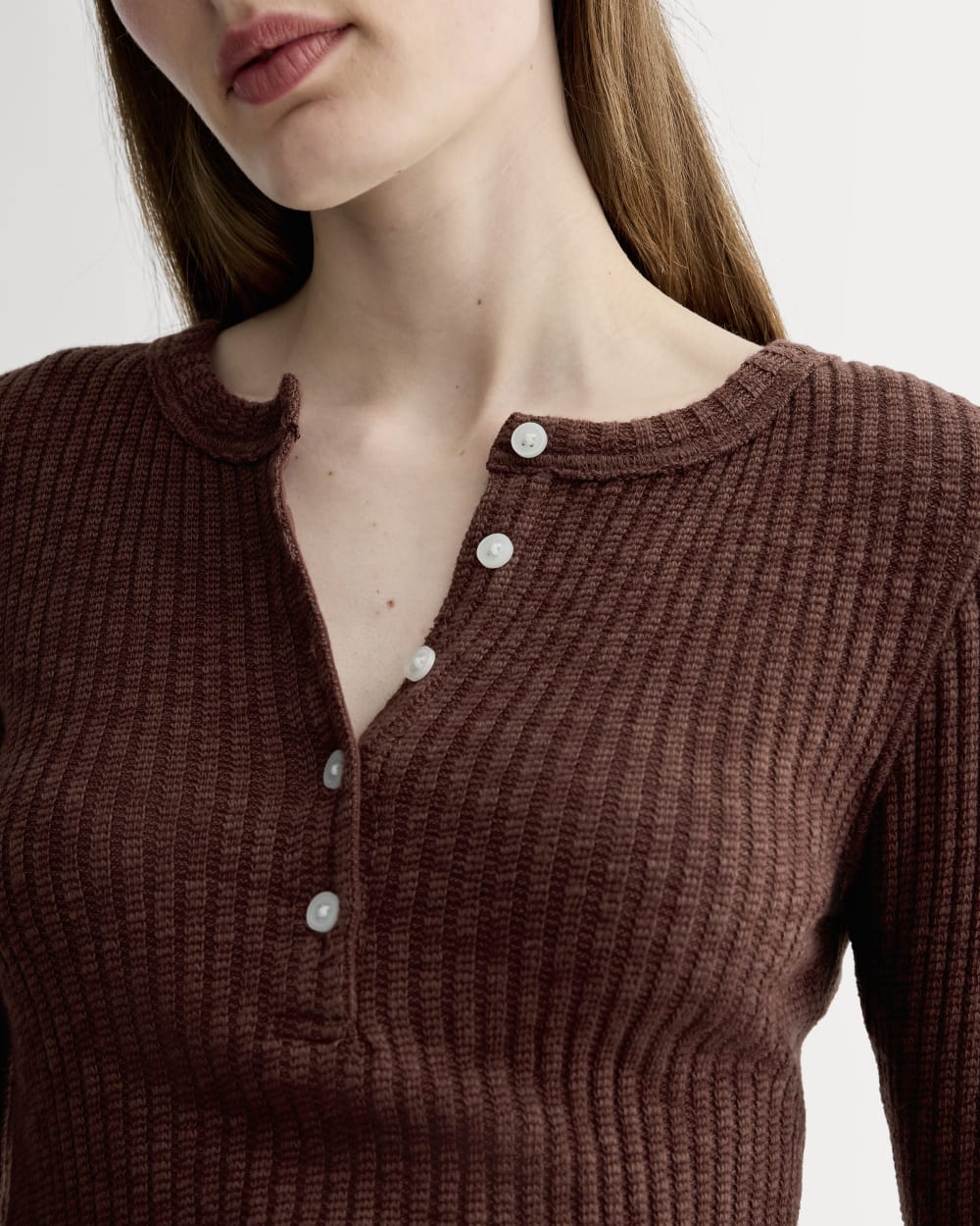 The Cozy Rib Henley in Dark Mahogany — detail view