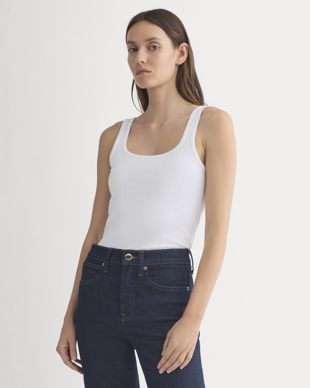 Scoop-Neck Tank in Pointelle in White — front view