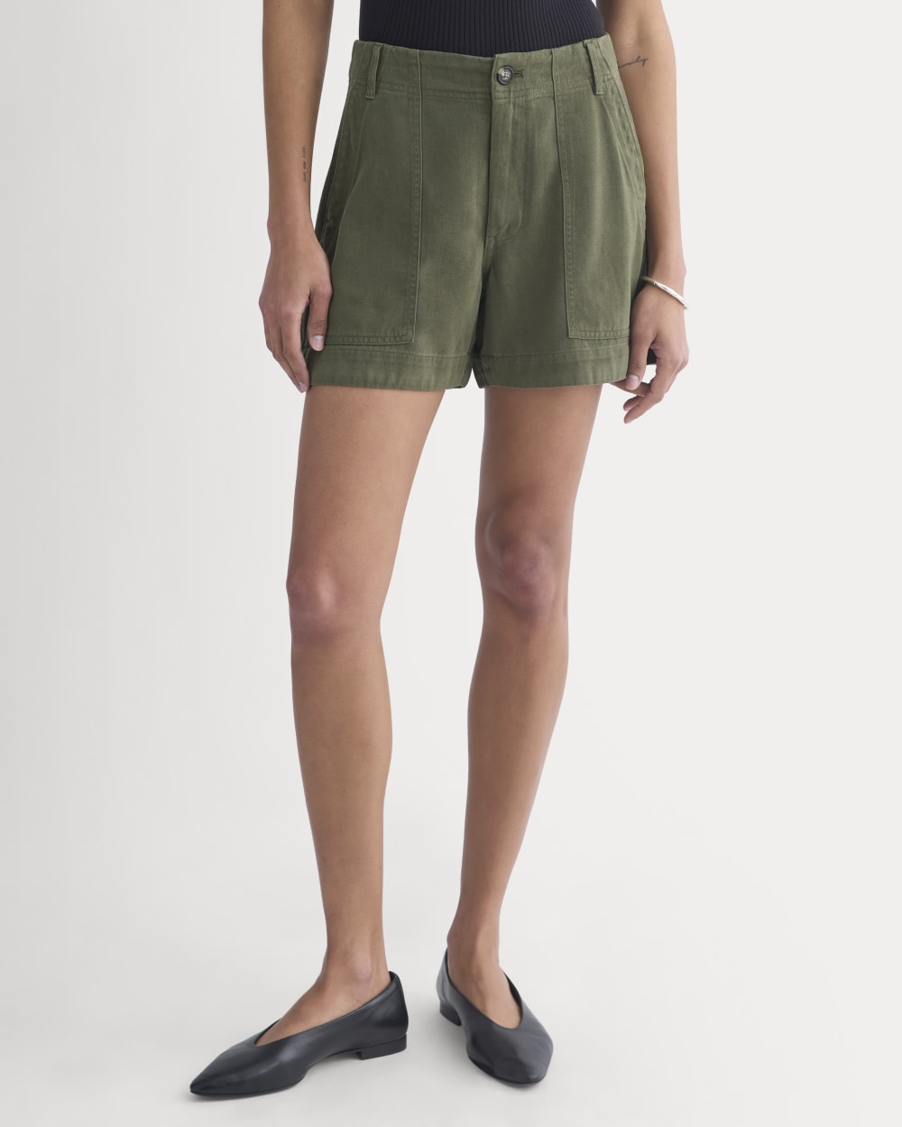 The Utility Short in Buttersoft in Olive Night — detail view