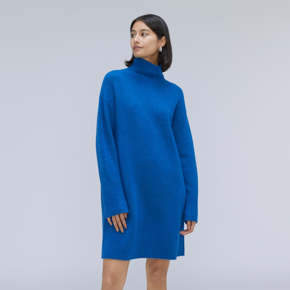 The Cozy Stretch Turtleneck Dress in Heathered Lapis Blue — front view