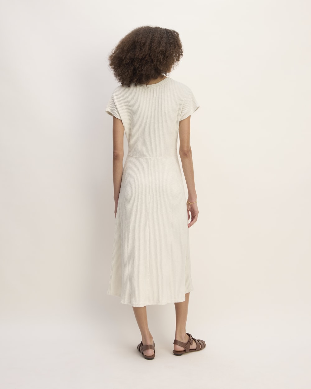 The Rib-Knit Cap-Sleeve Midi Dress in Bone — detail view