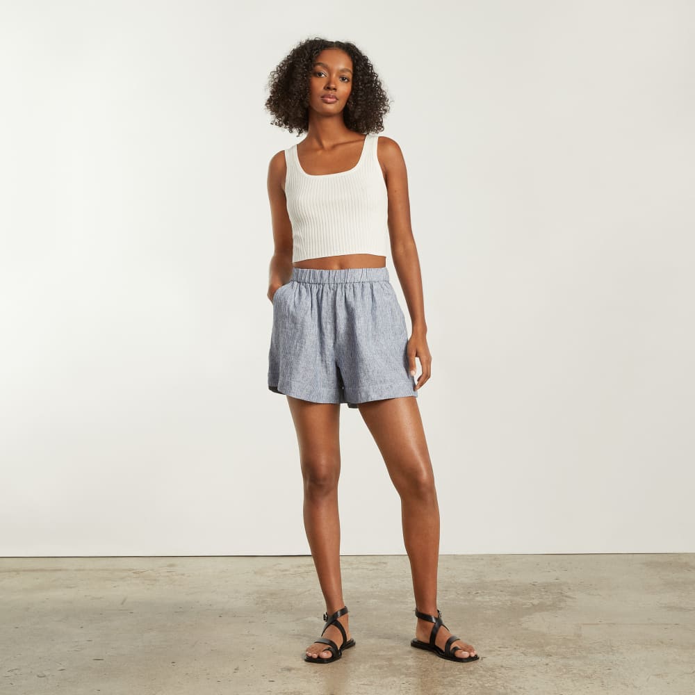 The Linen Boxer Short in Blue / White Pinstripe — detail view
