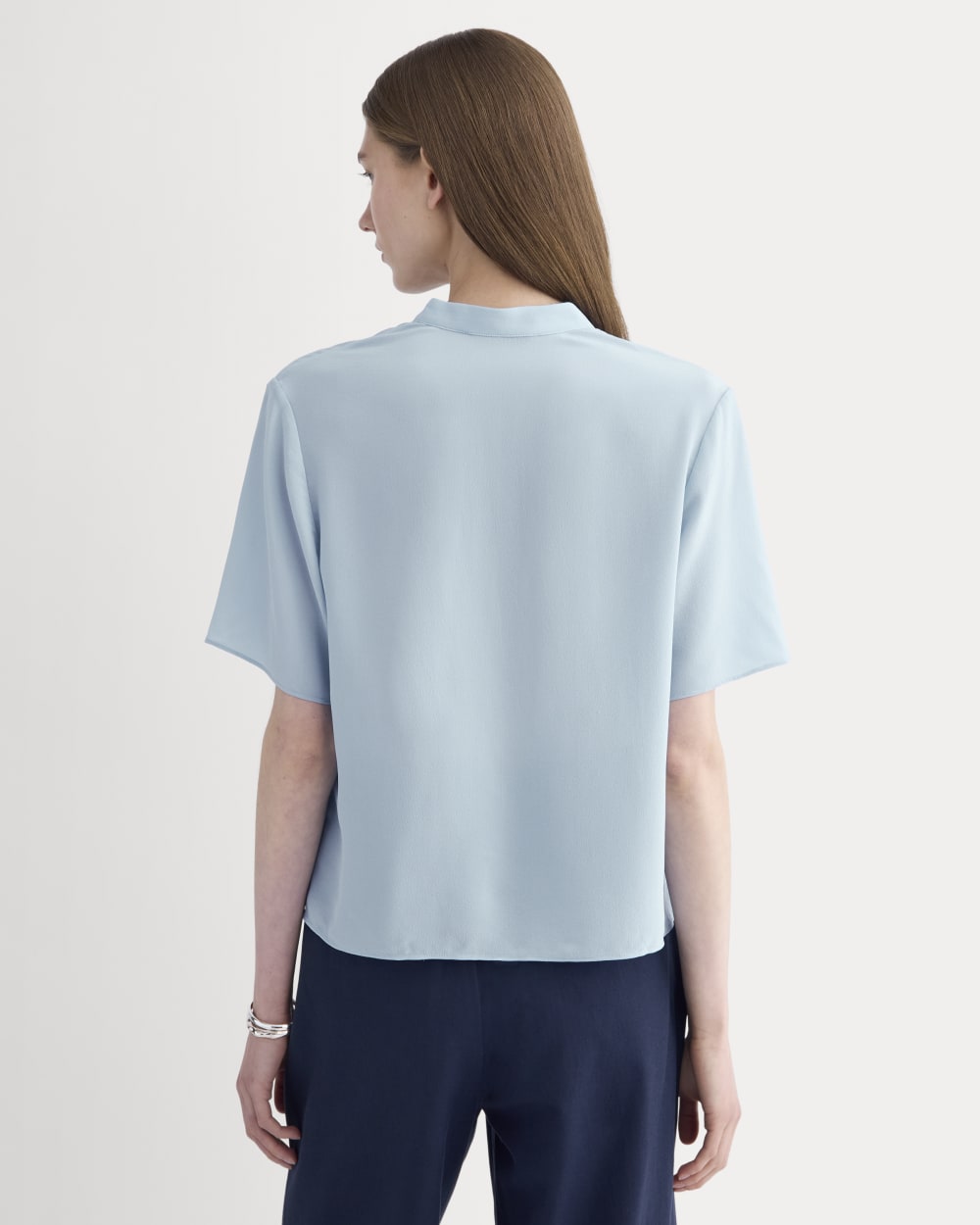 The Popover Top in Washable Silk in Soft Blue — detail view