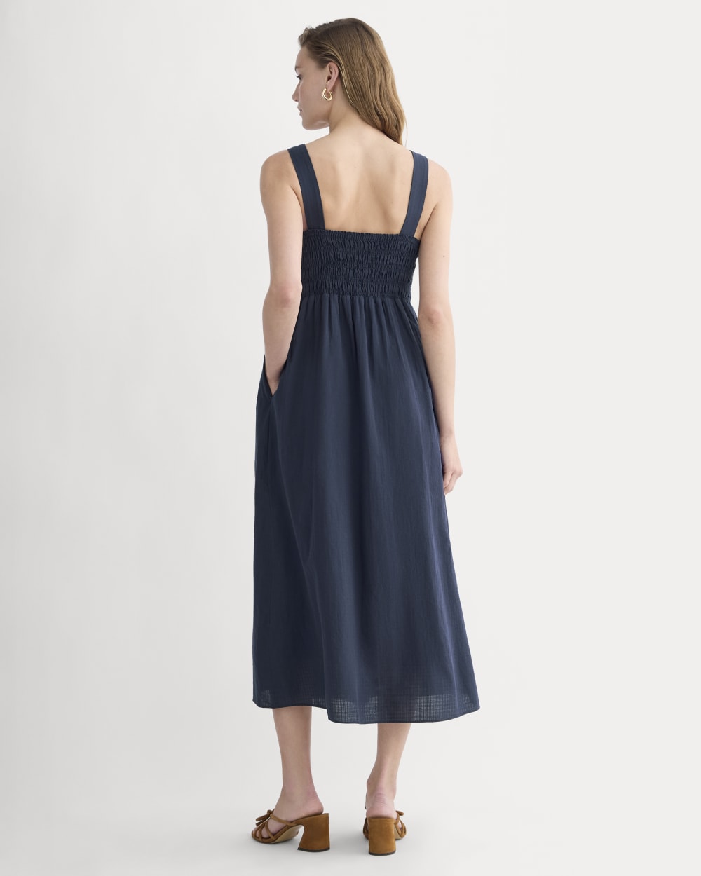 The Gauze Smock Dress in Navy — detail view