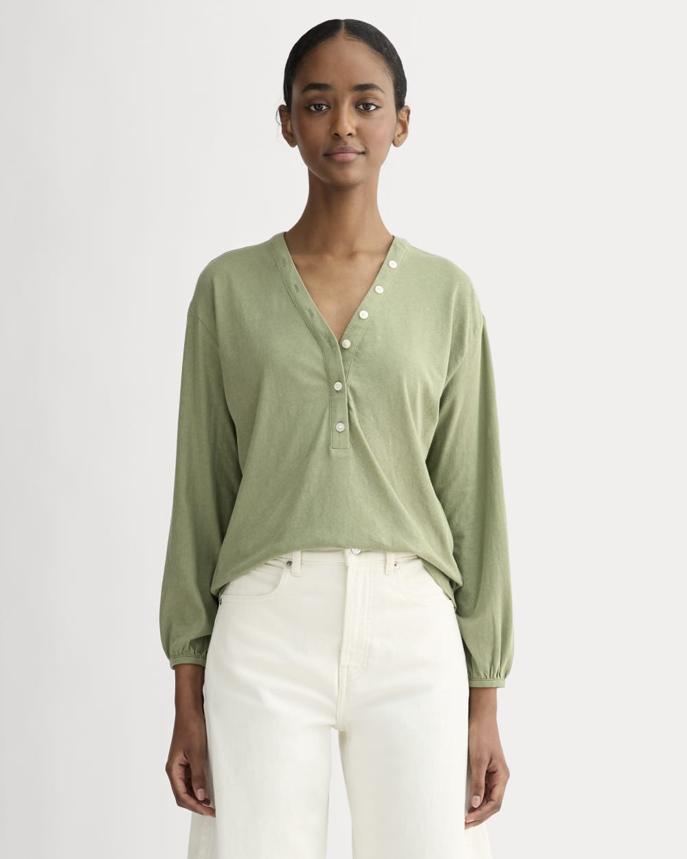The Air V-Neck Henley in Sagebrush — front view