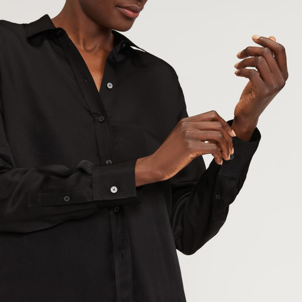 The Satin Relaxed Shirt in Black — detail view