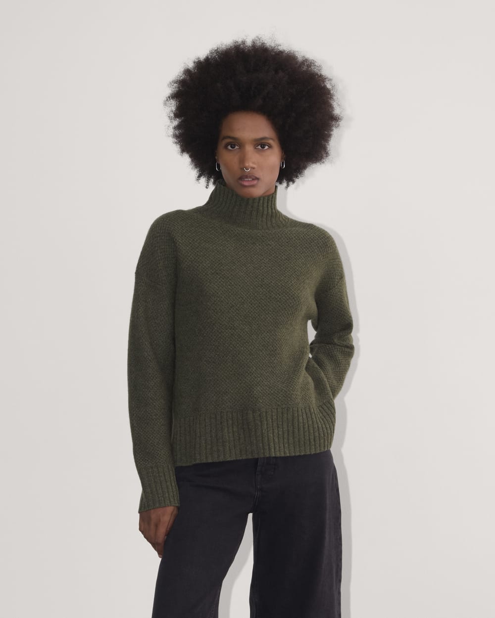 The Honeycomb Funnel Neck in Wool Cashmere in Heathered Army Green — front view