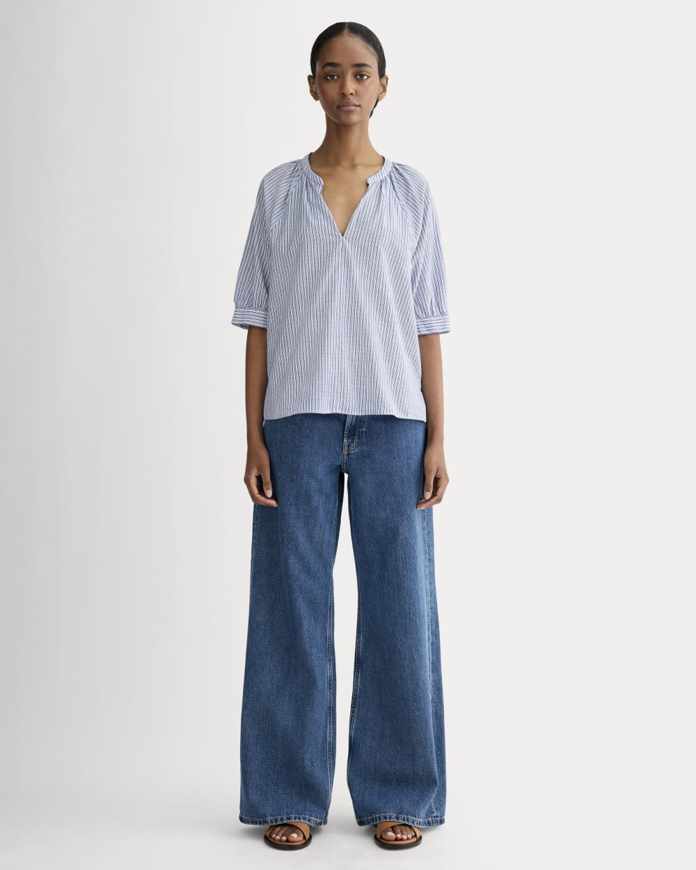 The Gauze Gathered Top in Mazarine Blue / Optic White — detail view