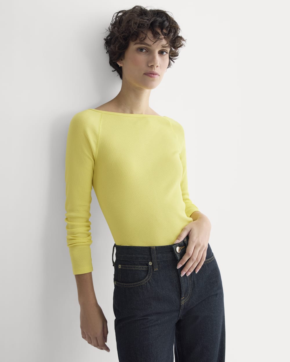 Luxe Rib Boatneck Top in Celandine — front view