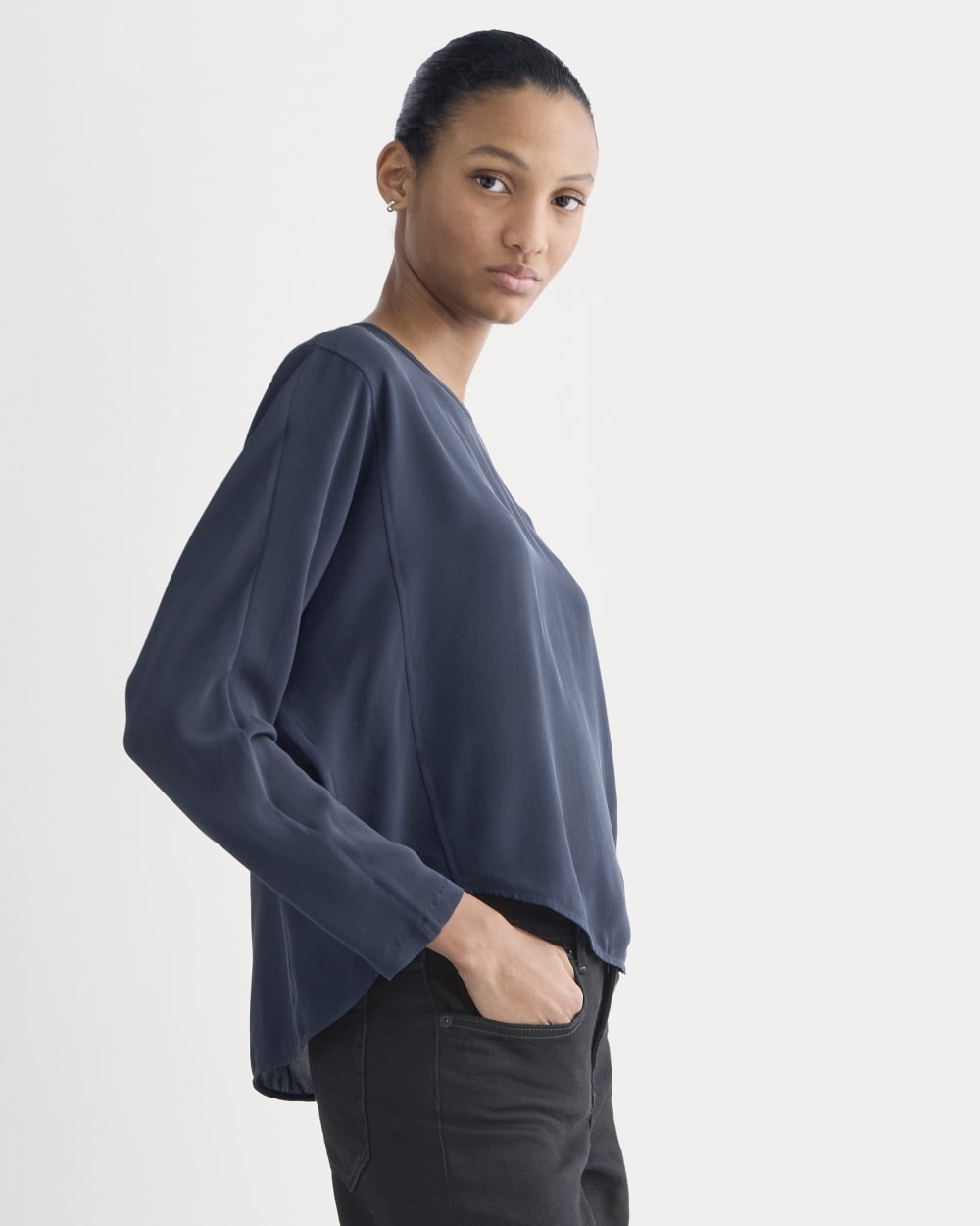 Dolman Top in Washable Silk in Navy — front view