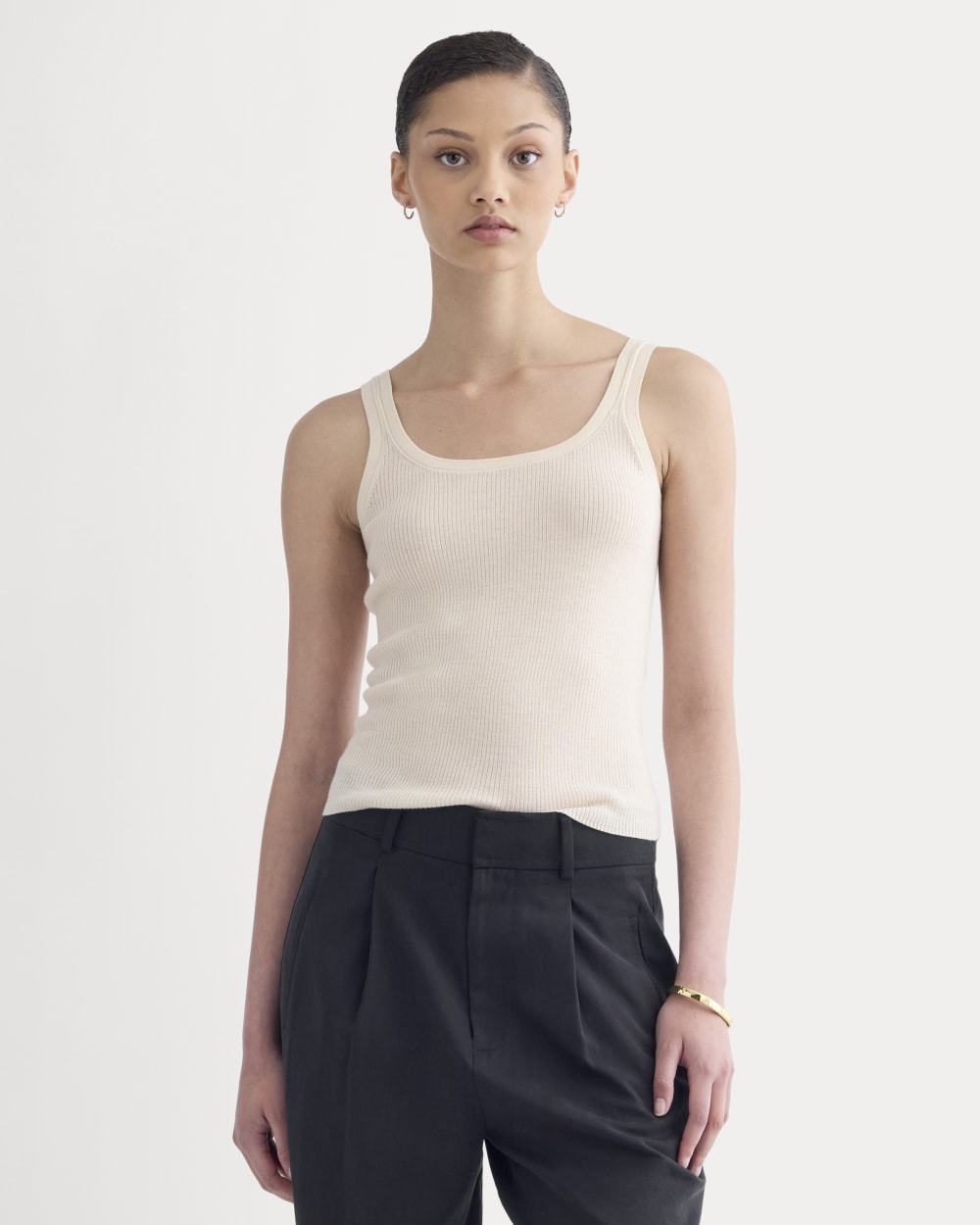 The Light Ribbed Cami in Ultrasoft Merino in Parchment — front view