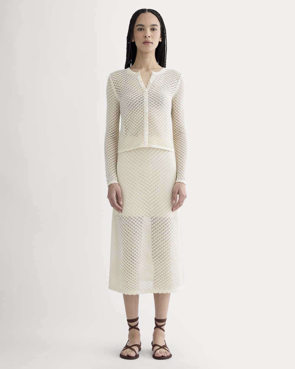The Lace Knit Cardigan in Birch — detail view