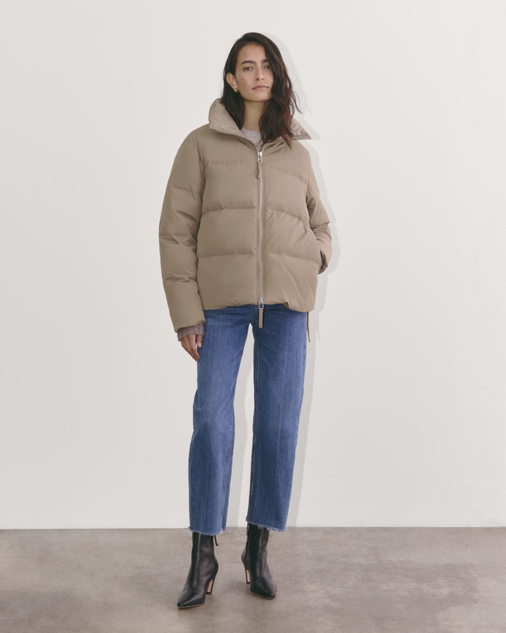 The Puffer Bomber in Taupe Grey — detail view