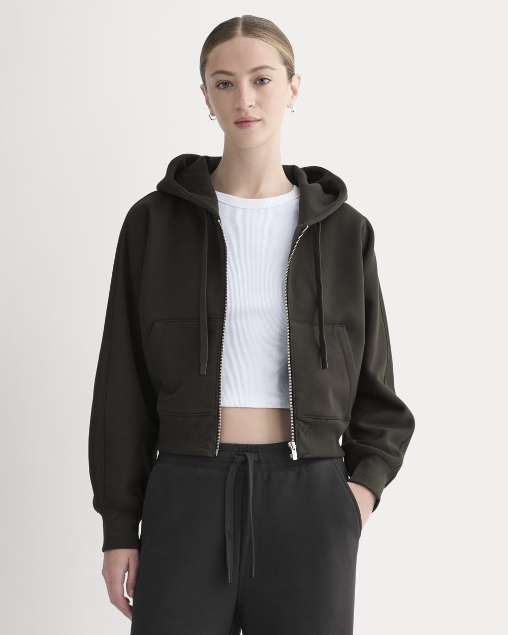 Luxe Fleece Full-Zip Cropped Hoodie in Black — front view