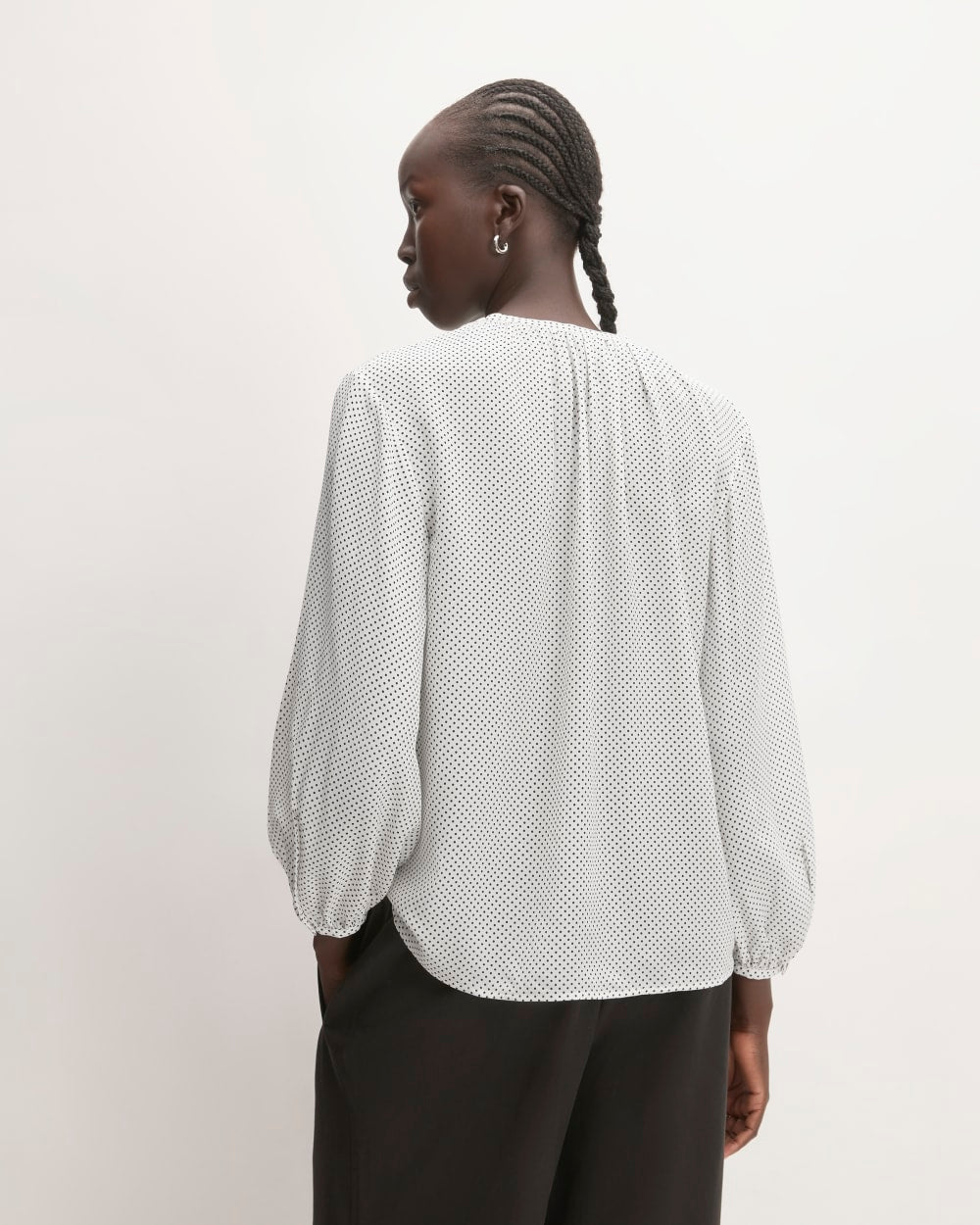The Washable Clean Silk Shirred Blouse in Bone / Black Polka Dot — detail view