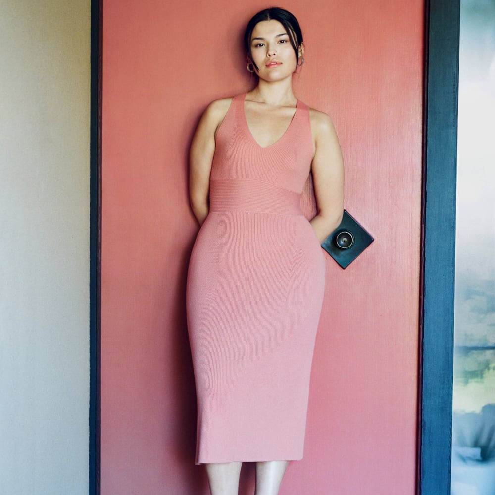 The Ribbed Cotton Cross-Back Dress in Tawny Pink — detail view
